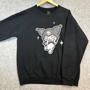 Sanrio Kuromi Black Fleece Sweatshirt Women's L Pink Heart Skull Kawaii Anime